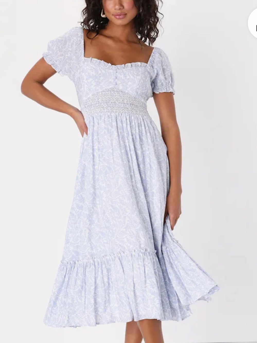 Dreamy Darling Blue and White Floral Puff Sleeve Midi Dress